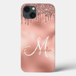 Rose Gold Glitter Drips Monogram Personalised iPhone 13 Case