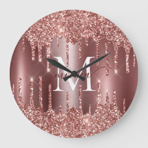 Rose Gold Glitter Drips Monogram Personalised Wall Large Clock