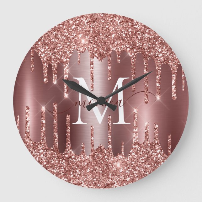 Rose Gold Glitter Drips Monogram Personalised Wall Large Clock (Front)
