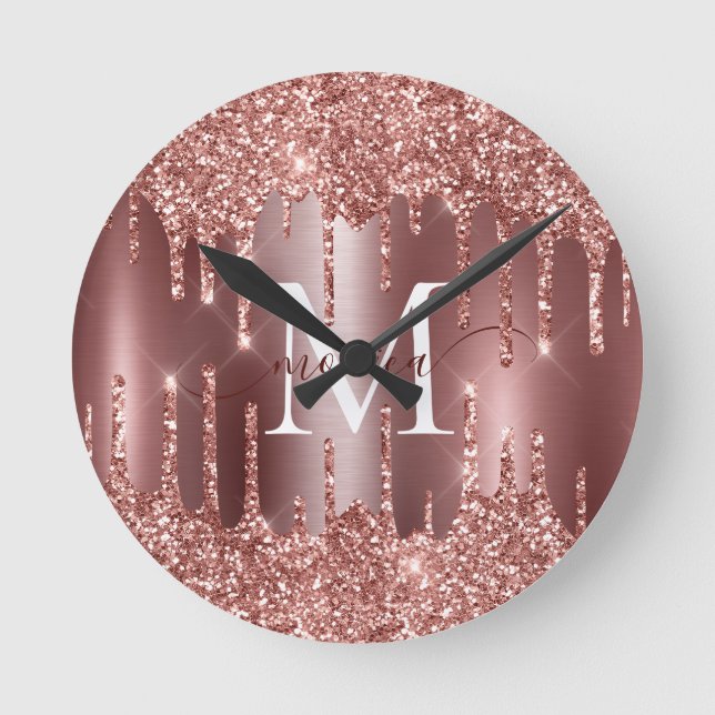Rose Gold Glitter Drips Monogram Personalized Wall Round Clock (Front)
