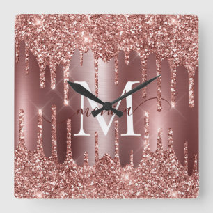 Rose Gold Glitter Drips Monogram Personalized Wall Square Wall Clock