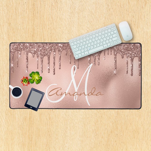 Rose Gold Glitter Drips Monogram Pink Desk Mat (Creator Uploaded)