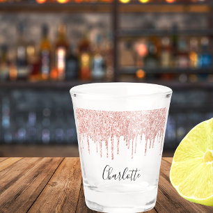 Rose gold glitter drips name script elegant shot glass