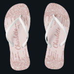 Rose gold glitter drips name script jandals<br><div class="desc">A blush pink background. Rose gold,  pink faux glitter drips,  paint dripping look as decoration.   Personalise and add a name. The name is written with a modern hand lettered style script.</div>