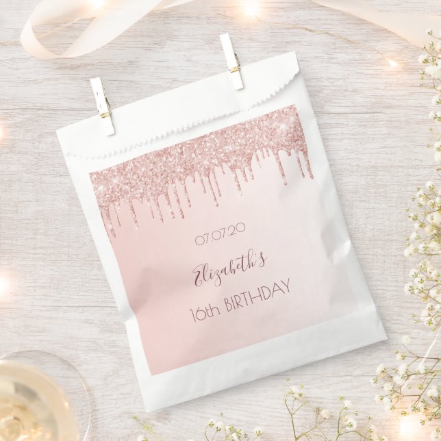Rose gold glitter drips name Sweet 16 Favour Bags (Clipped)