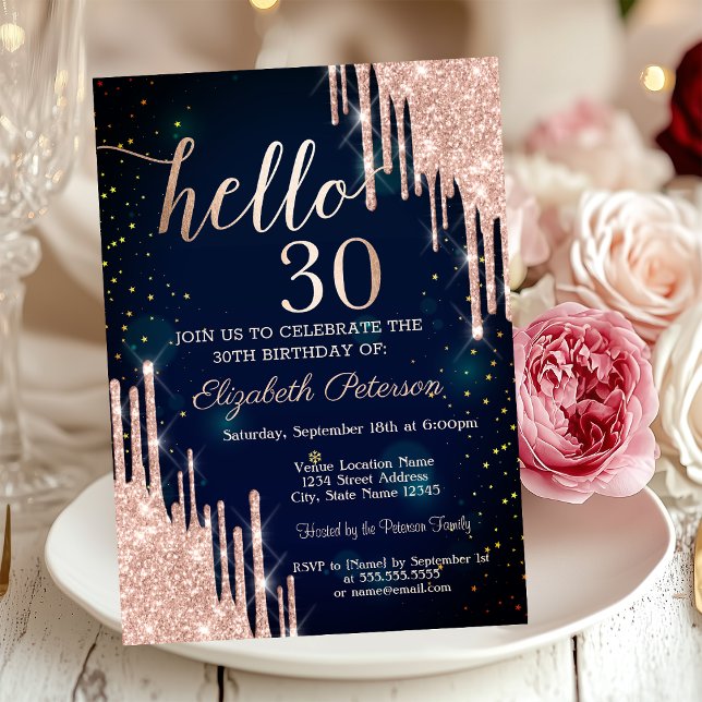 Rose Gold Glitter Drips Navy Blue 30th Birthday Invitation (Creator Uploaded)