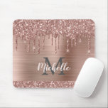 Rose Gold Glitter Drips on Pink Metal Name Mouse Pad<br><div class="desc">Modern, girly rose gold glitter drips name and monogrammed mousepad. This design features blush pink rose gold glitter sparkle drips on pink brushed metal background with custom personalised monogram initial and first name text template. Perfect feminine gift. Please note, this design is printed photo effect. If you need help or...</div>
