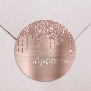 Rose Gold Glitter Drips Personalised Classic Round Sticker