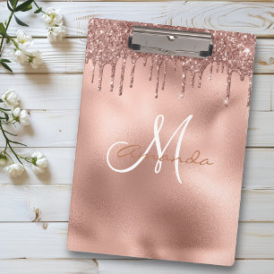 Rose Gold Glitter Drips Personalised Monogram Clipboard