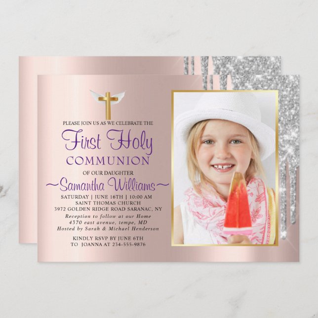 Rose Gold Glitter Drips Photo First Communion Invitation (Front/Back)