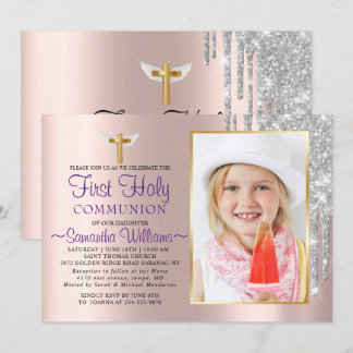 Rose Gold Glitter Drips Photo First Communion Invitation