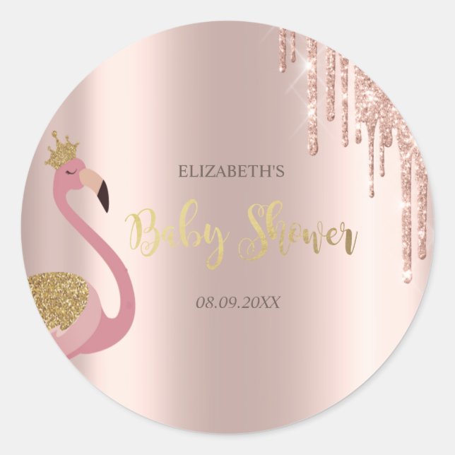 Rose Gold Glitter Drips Pink Flamingo Baby Shower Classic Round Sticker (Front)
