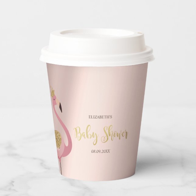 Rose Gold Glitter Drips Pink Flamingo Baby Shower  Paper Cups (Front)