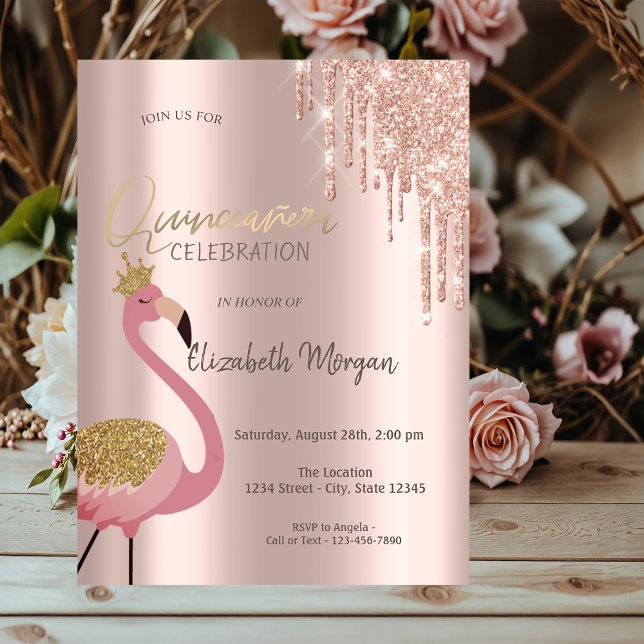 Rose Gold Glitter Drips Pink Flamingo Quinceañera  Invitation (Creator Uploaded)