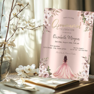 Rose Gold Glitter Drips Princess Dress Flowers  Invitation