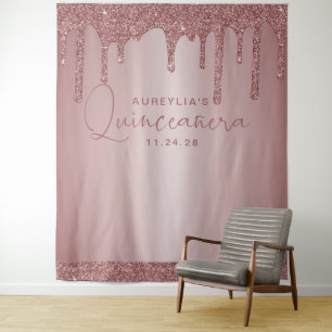Rose Gold Glitter Drips Quinceanera Backdrop Tapestry
