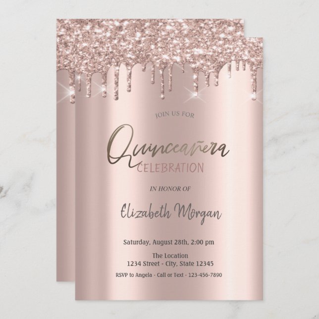 Rose Gold Glitter Drips Quinceanera Invitation (Front/Back)