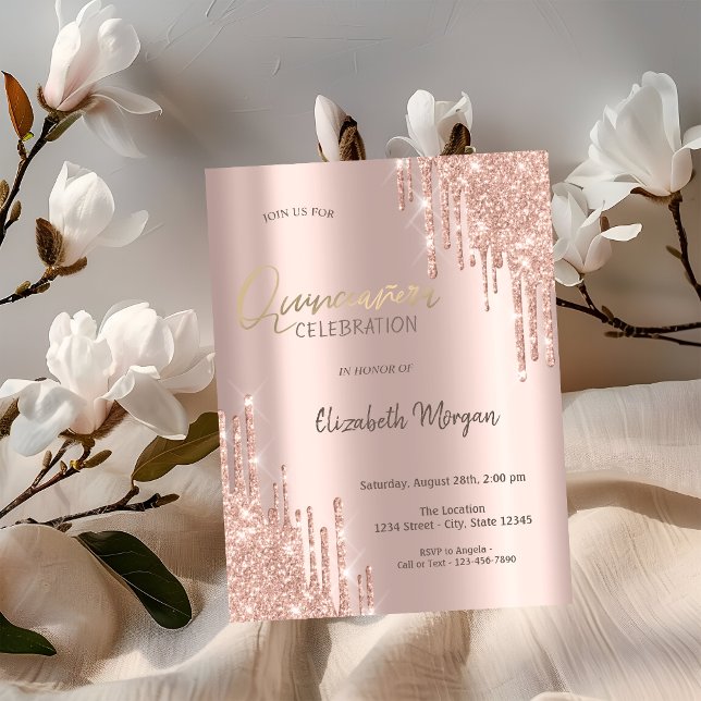 Rose Gold Glitter Drips Quinceañera Invitation (Creator Uploaded)