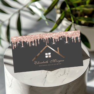 Rose Gold Glitter Drips Real Estate Agent Business Card