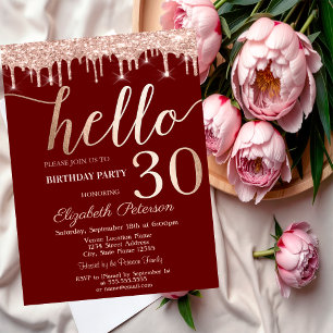 Rose Gold Glitter Drips Red 30th Birthday Party   Invitation
