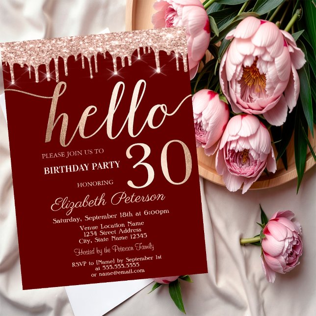 Rose Gold Glitter Drips Red 30th Birthday Party   Invitation (Creator Uploaded)