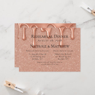 Rose Gold Glitter & Drips Rehearsal Dinner Invitation
