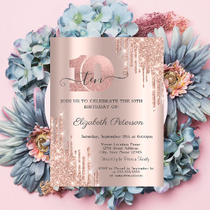 Rose Gold Glitter Drips Rose Gold 10th Birthday Invitation