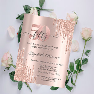 Rose Gold Glitter Drips Rose Gold 50th Birthday Invitation