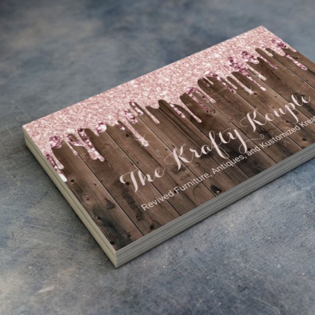Rose Gold Glitter Drips Rustic Wood Antique Craft Business Card (Creator Uploaded)