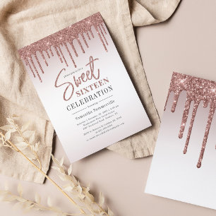 Rose Gold Glitter Drips Script Sweet 16 Invitation