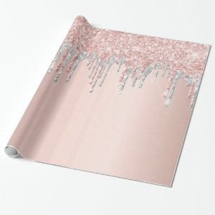 Rose gold glitter drips silver birthday wrapping paper