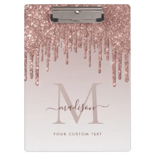 Rose Gold Glitter Drips Sparkle Modern Monogram Clipboard