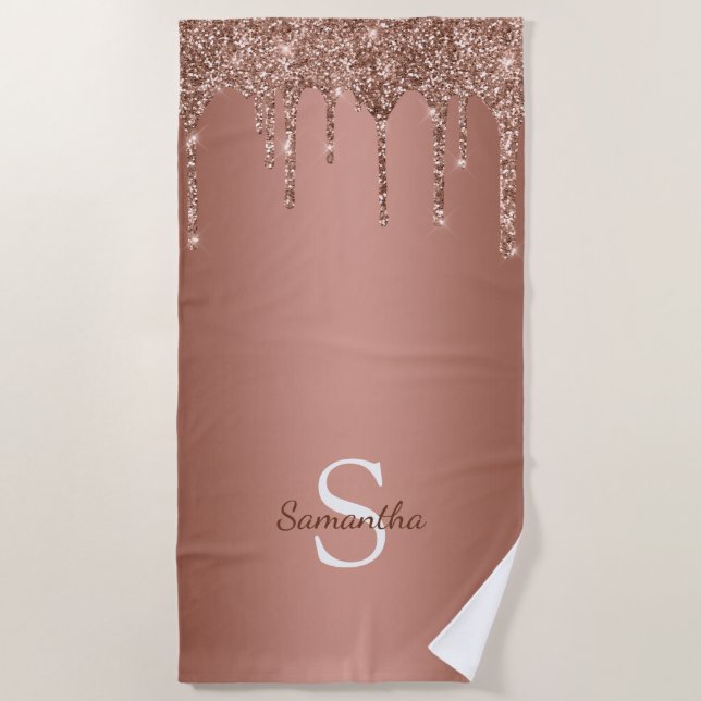 Rose Gold Glitter Drips Sparkle Monogram Name Beach Towel (Front)