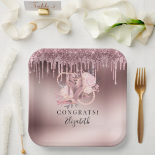 Rose Gold Glitter Drips Surprise Retirement Paper Plate