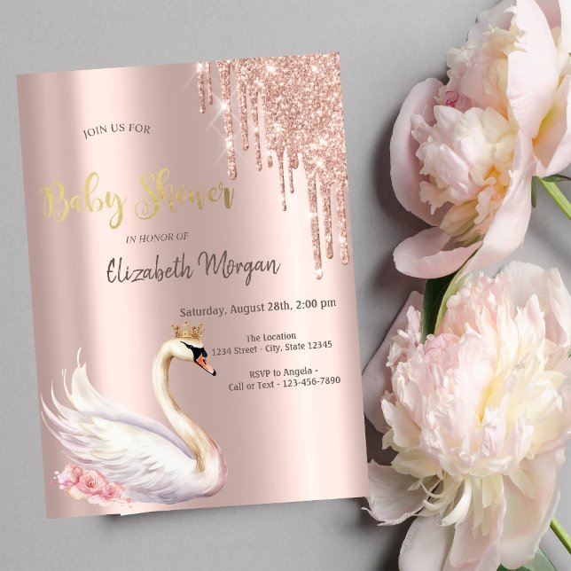 Rose Gold Glitter Drips Swan Crown Flowers Invitation (Creator Uploaded)