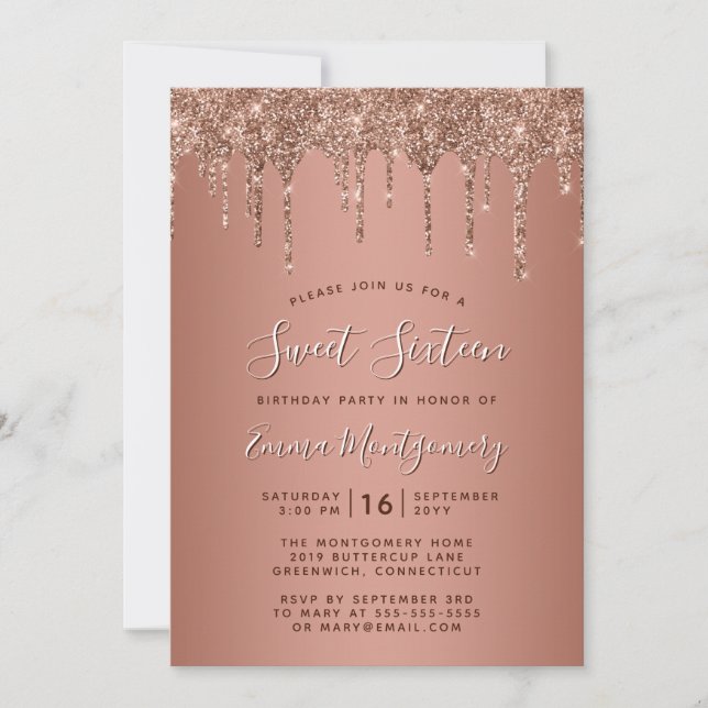 Rose Gold Glitter Drips Sweet 16 Birthday Party Invitation (Front)