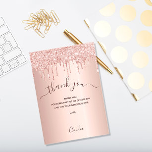 Rose gold glitter drips thank you card