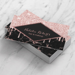 Rose Gold Glitter Drips Trendy Marble Beauty Salon Business Card