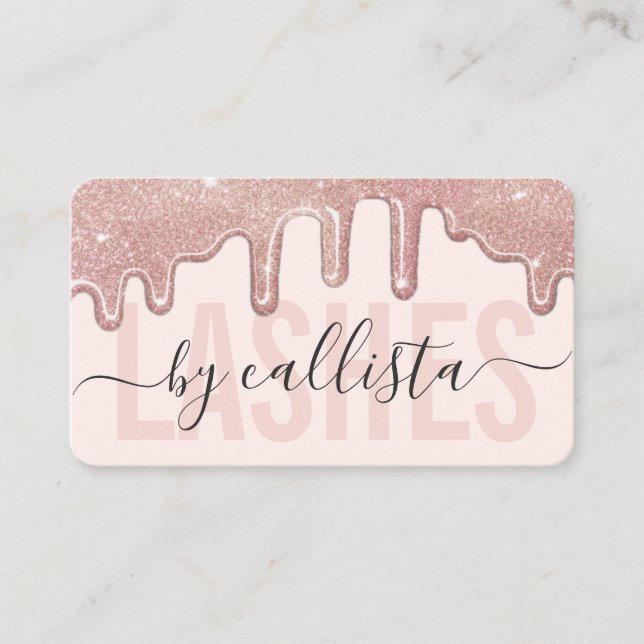 Rose Gold Glitter Drips Typography Lashes Business Card (Front)