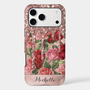 Rose Gold Glitter Drips Vintage Rose Floral Name