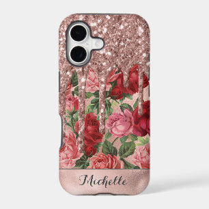 Rose Gold Glitter Drips Vintage Rose Floral Name