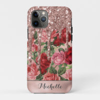 Rose Gold Glitter Drips Vintage Rose Floral Name