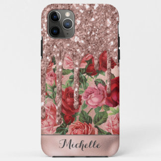 Rose Gold Glitter Drips Vintage Rose Floral Name Case-Mate iPhone Case