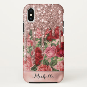 Rose Gold Glitter Drips Vintage Rose Floral Name Case-Mate iPhone Case