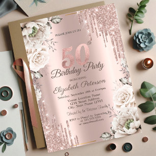 Rose Gold,Glitter Drips,White Flowers 50th Invitation