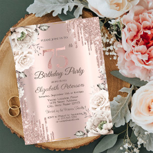 Rose Gold,Glitter Drips,White Flowers 75th Invitation