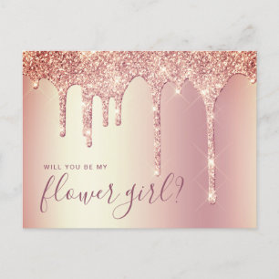 Rose gold glitter drips will you be my flower girl invitation postcard
