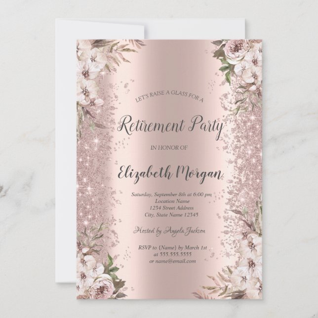  Rose Gold Glitter Dust Boho Flowers Retirement Invitation (Front)