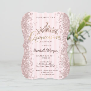 Rose Gold Glitter Dust Crown Pink Stripes Invitation
