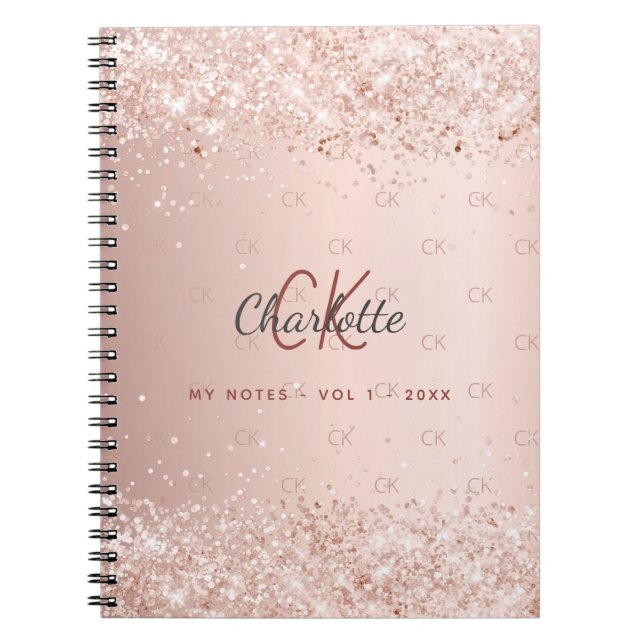 Rose gold glitter dust monogram script notebook (Front)